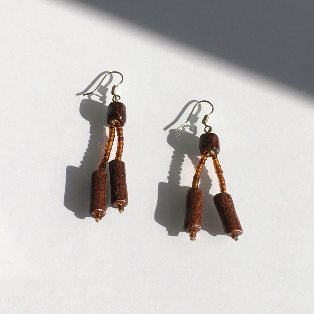 Silver Tone Hook Wood Cylinder & Glass Bead Dangle Earrings